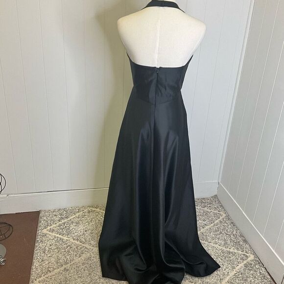 Ann Taylor Womens 6 Satin Evening Maxi Dress Black Halter Neck Open Back Zips - Picture 6 of 15